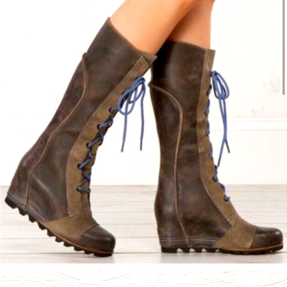 Sorel Cate the Great Wedge II Tall Boots Brown Leather Knee High Lace-Up Size 9